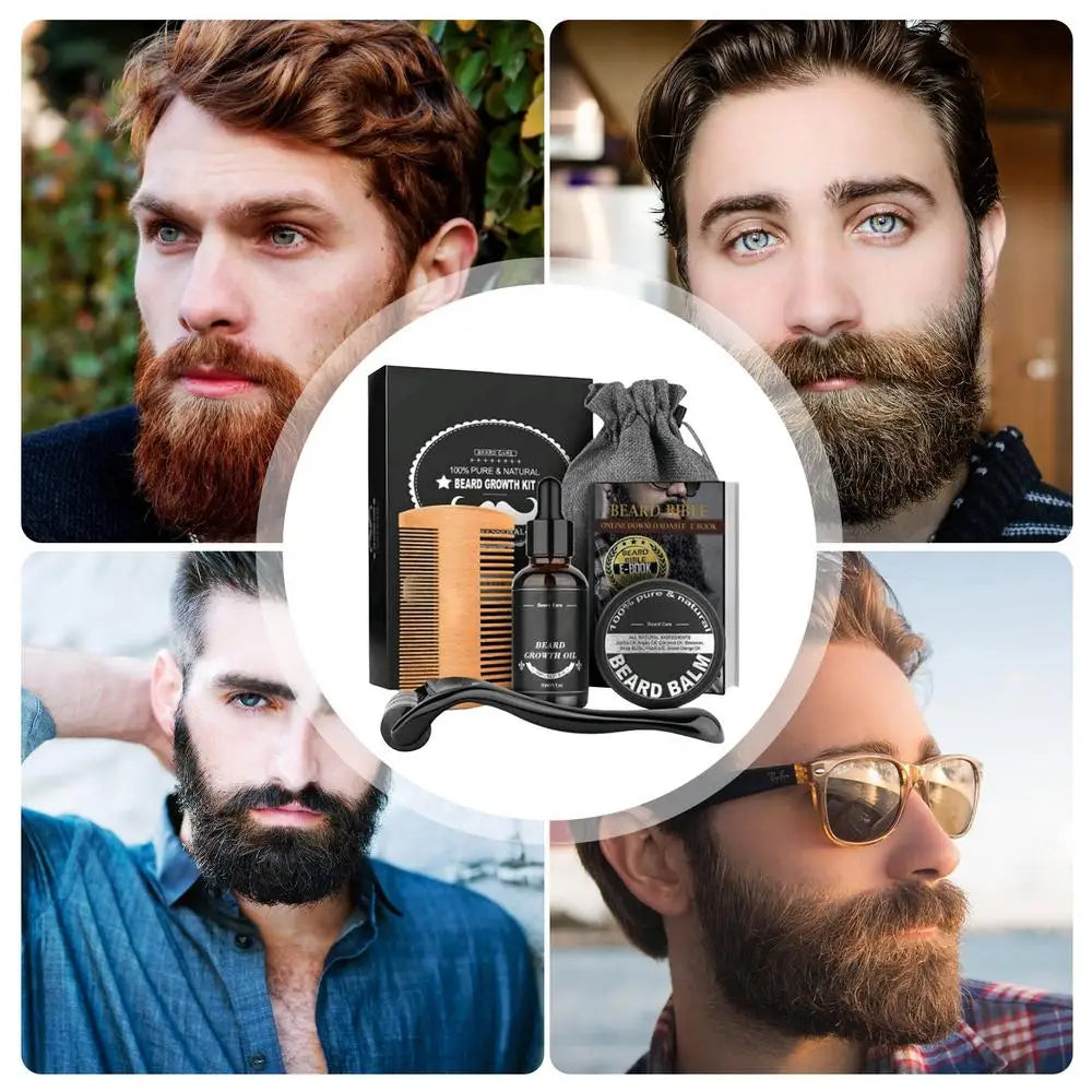 Coffret de soins pour barbe – 5 pièces : huile de croissance, peigne, sac de rangement et soins pour barbe et moustache plus épaisses.