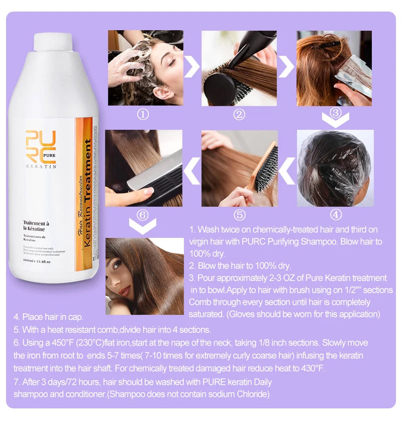 Traitement Lissant à la Kératine PURC 1000ml – Soin Professionnel Brésilien pour Cheveux Bouclés et F