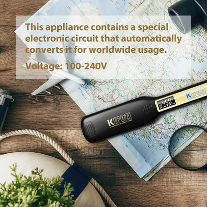 Lisseur professionnel en titane KIPOZI avec écran LCD digital, double voltage et chauffage instantané — idéal pour lisser ou boucler les cheveux. 💇‍♀️✨