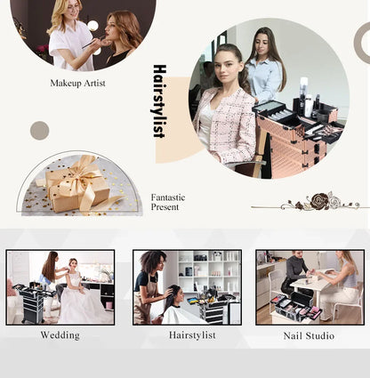 Valise maquillage 4-en-1 détachable en alliage, mallette professionnelle sur roulettes avec verrou, idéale pour le maquillage, la manucure et le rangement en grand volume.