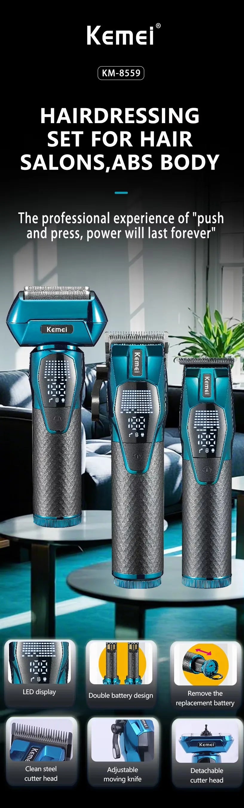 Tondeuse Kemei Professionnelle – Tondeuse rechargeable pour cheveux et barbe 0 mm, sans fil, modèle KM-8559