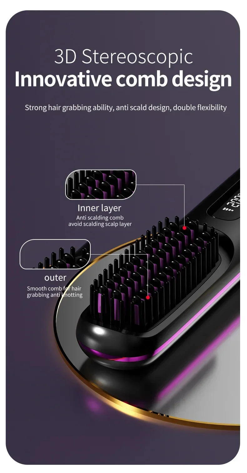 👉 brosse lissant électrique LCD USB, chauffant en céramique, sans fil et portable 💇‍♀️✨. Équipé d’ions négatifs, il offre un coiffage doux et brillant. Rechargeable, il se transforme en brosse lissante pratique et efficace où que vous soyez 🔋🌟.