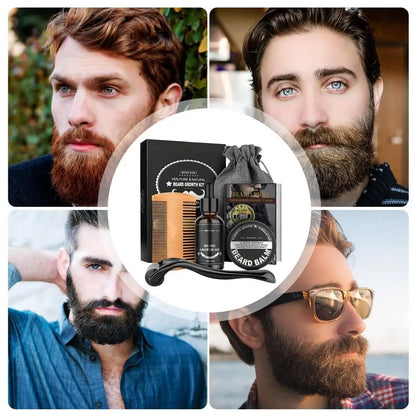 Coffret de soins pour barbe – 5 pièces : huile de croissance, peigne, sac de rangement et soins pour barbe et moustache plus épaisses.