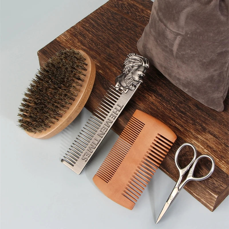 🧔✨ Kit de soin barbe 5 pièces – Brosse en poils de sanglier, peigne double face en bois, ciseaux, peigne coiffant, outils pro pour une barbe impeccable
