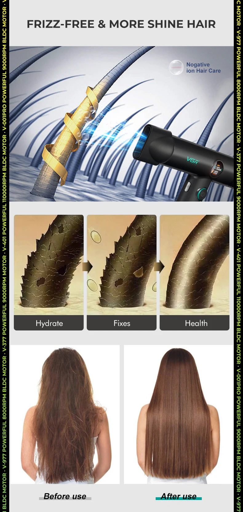 Tondeuse professionnelle VGR – Tondeuse électrique pour hommes 4-en-1, moteur BLDC 9000 RPM, rasoir et sèche-cheveux avec réglage progressif.