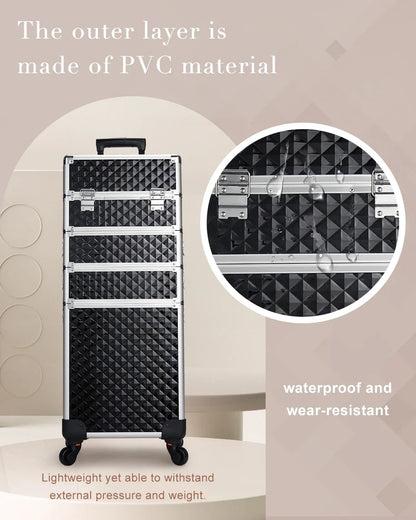 Valise maquillage 4-en-1 détachable en alliage, mallette professionnelle sur roulettes avec verrou, idéale pour le maquillage, la manucure et le rangement en grand volume.