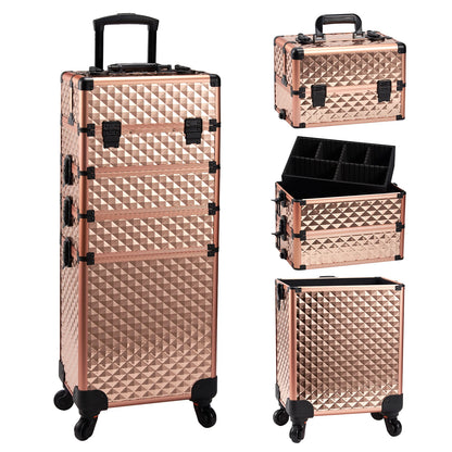Valise maquillage 4-en-1 détachable en alliage, mallette professionnelle sur roulettes avec verrou, idéale pour le maquillage, la manucure et le rangement en grand volume.
