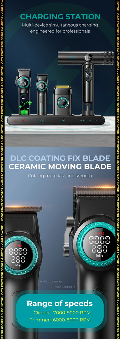 Tondeuse professionnelle VGR – Tondeuse électrique pour hommes 4-en-1, moteur BLDC 9000 RPM, rasoir et sèche-cheveux avec réglage progressif.