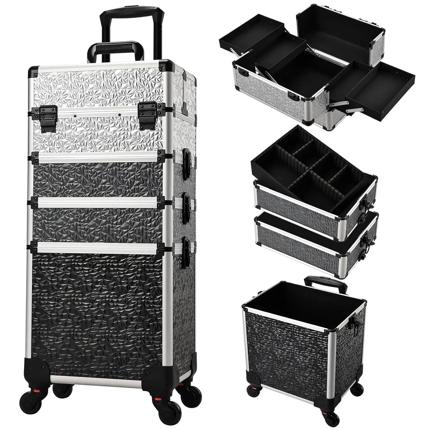 Valise maquillage 4-en-1 détachable en alliage, mallette professionnelle sur roulettes avec verrou, idéale pour le maquillage, la manucure et le rangement en grand volume.