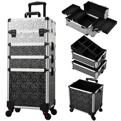 Valise maquillage 4-en-1 détachable en alliage, mallette professionnelle sur roulettes avec verrou, idéale pour le maquillage, la manucure et le rangement en grand volume.