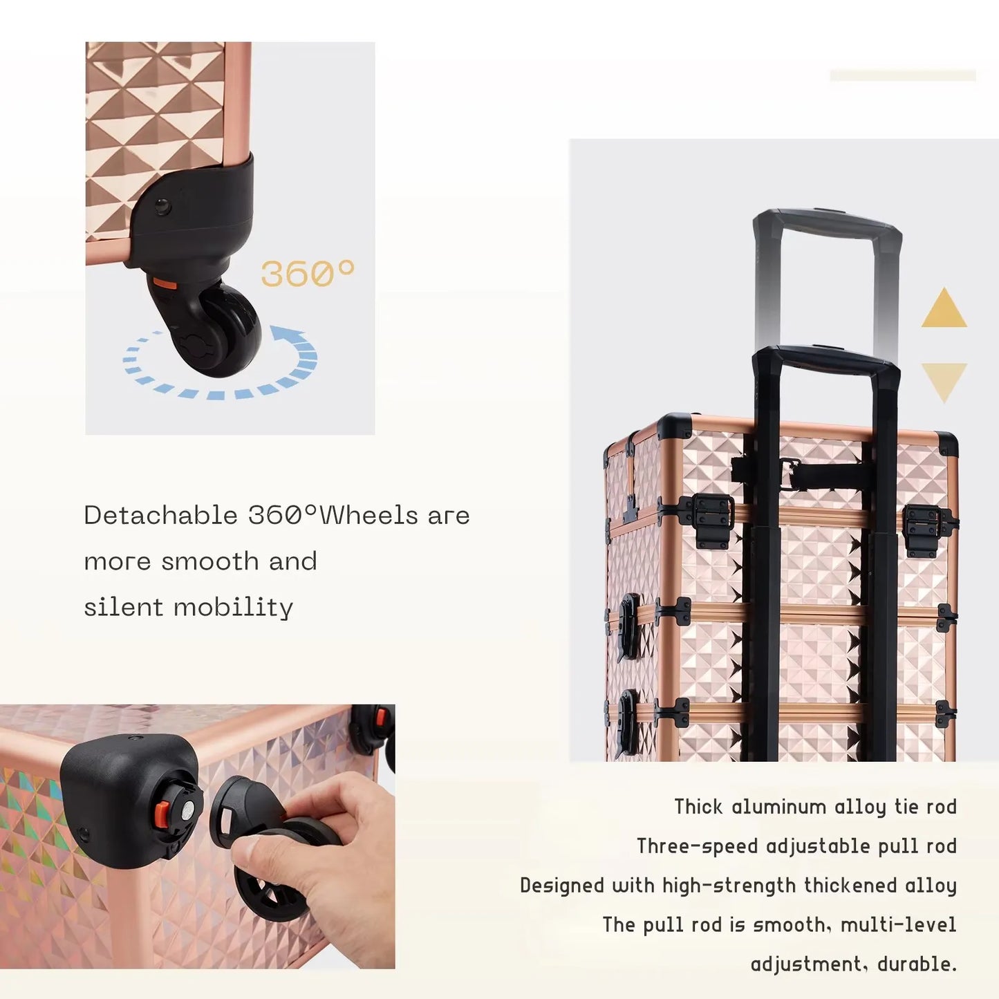 Valise maquillage 4-en-1 détachable en alliage, mallette professionnelle sur roulettes avec verrou, idéale pour le maquillage, la manucure et le rangement en grand volume.