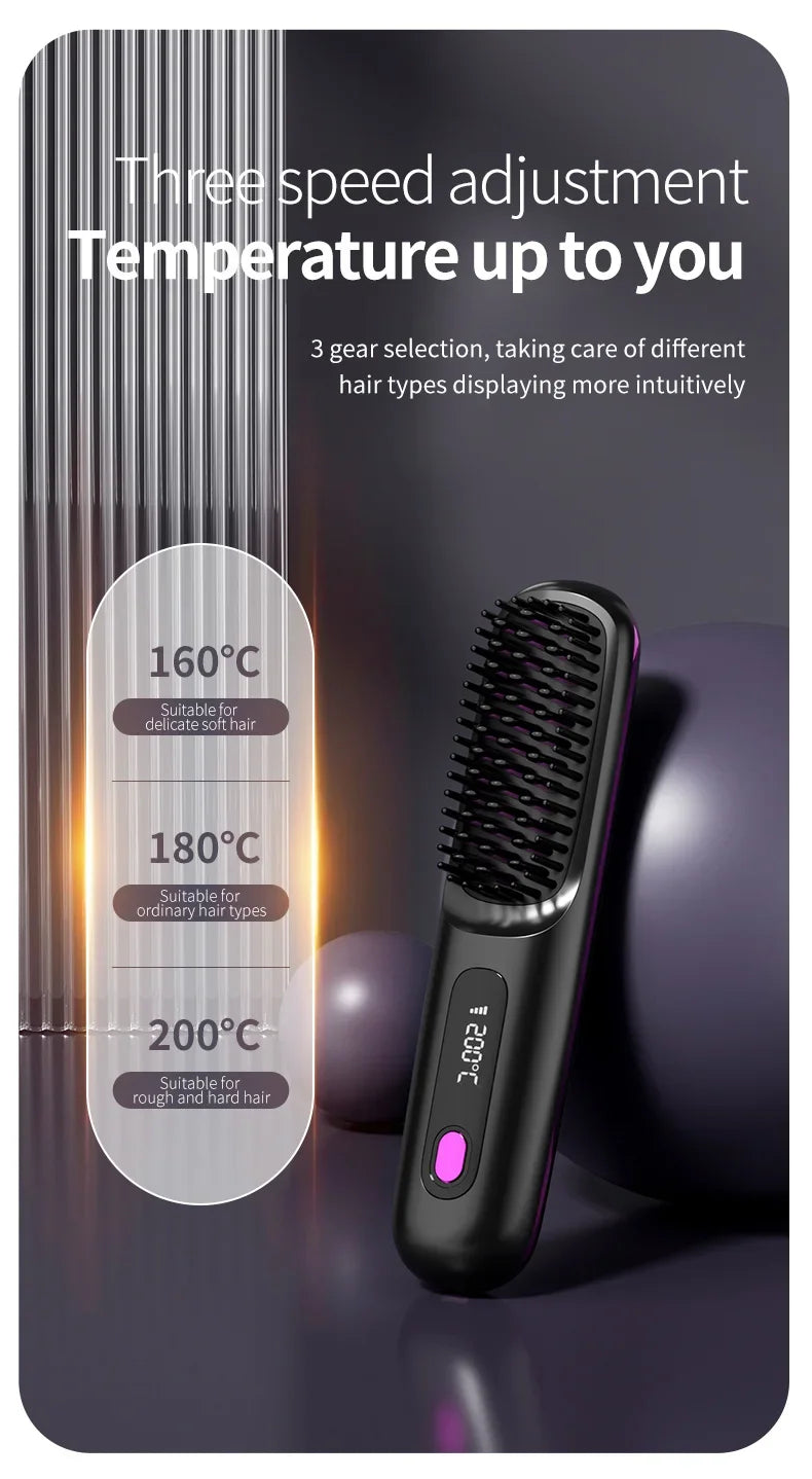 👉 brosse lissant électrique LCD USB, chauffant en céramique, sans fil et portable 💇‍♀️✨. Équipé d’ions négatifs, il offre un coiffage doux et brillant. Rechargeable, il se transforme en brosse lissante pratique et efficace où que vous soyez 🔋🌟.