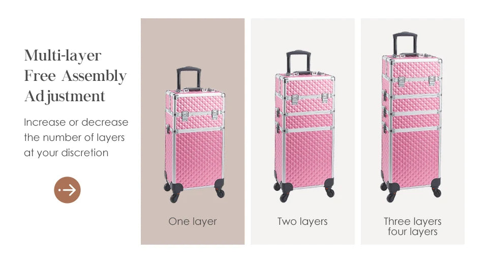 Valise maquillage 4-en-1 détachable en alliage, mallette professionnelle sur roulettes avec verrou, idéale pour le maquillage, la manucure et le rangement en grand volume.