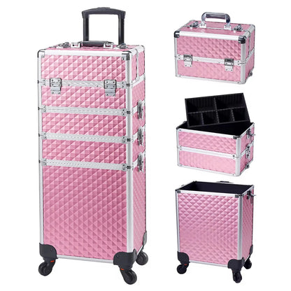Valise maquillage 4-en-1 détachable en alliage, mallette professionnelle sur roulettes avec verrou, idéale pour le maquillage, la manucure et le rangement en grand volume.