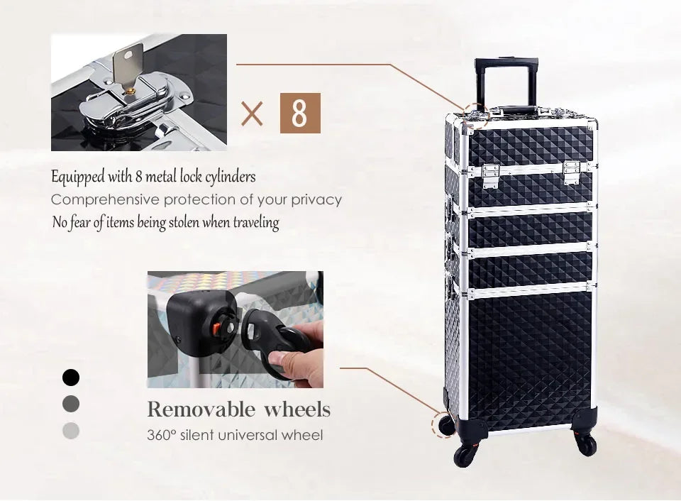 Valise maquillage 4-en-1 détachable en alliage, mallette professionnelle sur roulettes avec verrou, idéale pour le maquillage, la manucure et le rangement en grand volume.