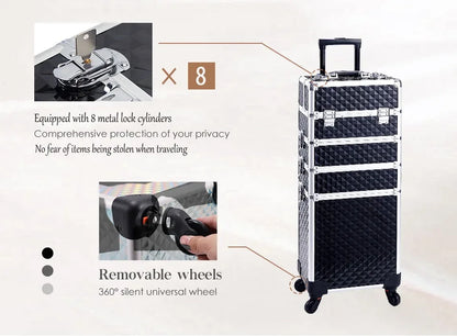 Valise maquillage 4-en-1 détachable en alliage, mallette professionnelle sur roulettes avec verrou, idéale pour le maquillage, la manucure et le rangement en grand volume.