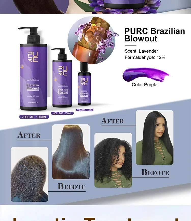 PURC Crème Lissante pour Cheveux Bouclés – Traitement à la Kératine Brésilienne Professionnel 12% à la Lavande, Soin Lissant et Nourrissant pour Salon