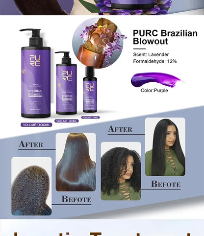 PURC Crème Lissante pour Cheveux Bouclés – Traitement à la Kératine Brésilienne Professionnel 12% à la Lavande, Soin Lissant et Nourrissant pour Salon
