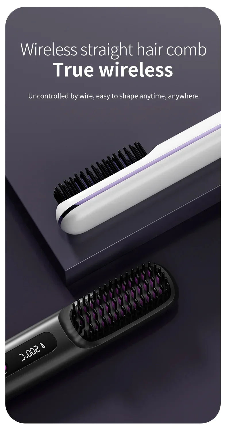 👉 brosse lissant électrique LCD USB, chauffant en céramique, sans fil et portable 💇‍♀️✨. Équipé d’ions négatifs, il offre un coiffage doux et brillant. Rechargeable, il se transforme en brosse lissante pratique et efficace où que vous soyez 🔋🌟.