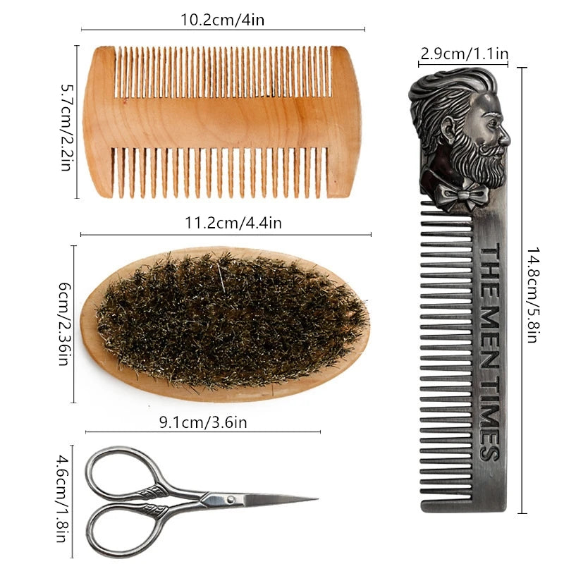🧔✨ Kit de soin barbe 5 pièces – Brosse en poils de sanglier, peigne double face en bois, ciseaux, peigne coiffant, outils pro pour une barbe impeccable