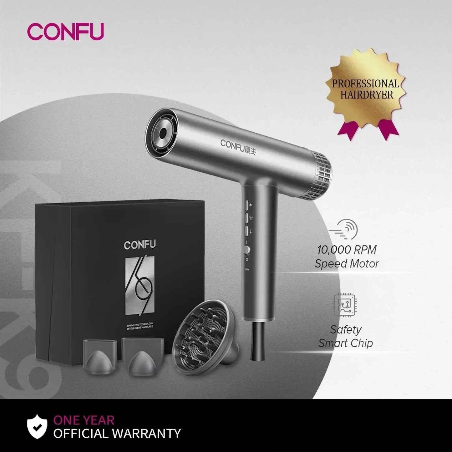 Sèche-cheveux professionnel à haute vitesse — souffle puissant, ions négatifs, séchage rapide idéal pour salons et soins capillaires.