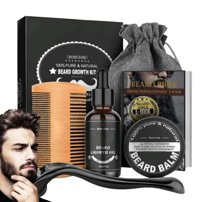 Coffret de soins pour barbe – 5 pièces : huile de croissance, peigne, sac de rangement et soins pour barbe et moustache plus épaisses.