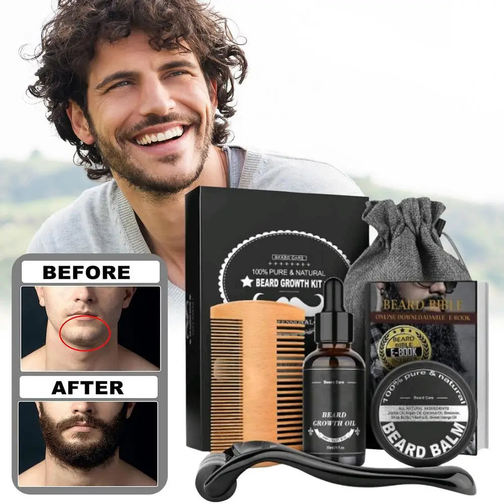 Coffret de soins pour barbe – 5 pièces : huile de croissance, peigne, sac de rangement et soins pour barbe et moustache plus épaisses.