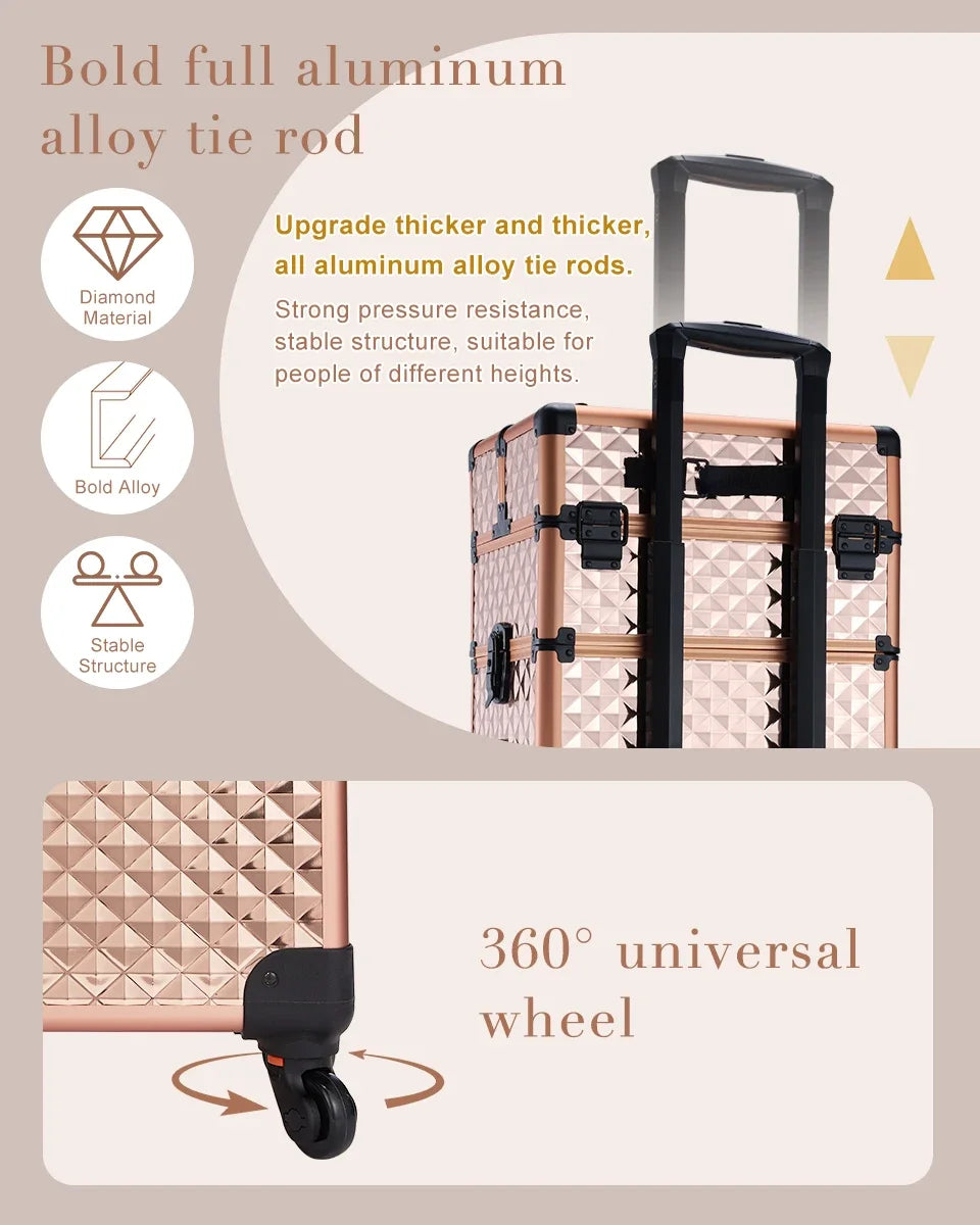 Valise maquillage 4-en-1 détachable en alliage, mallette professionnelle sur roulettes avec verrou, idéale pour le maquillage, la manucure et le rangement en grand volume.