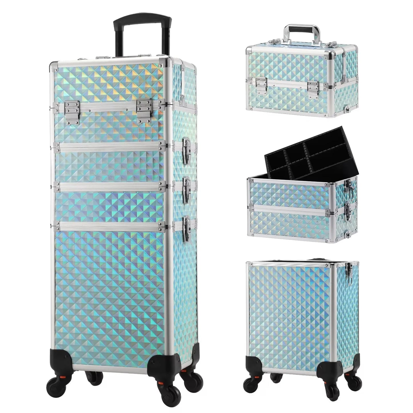 Valise maquillage 4-en-1 détachable en alliage, mallette professionnelle sur roulettes avec verrou, idéale pour le maquillage, la manucure et le rangement en grand volume.