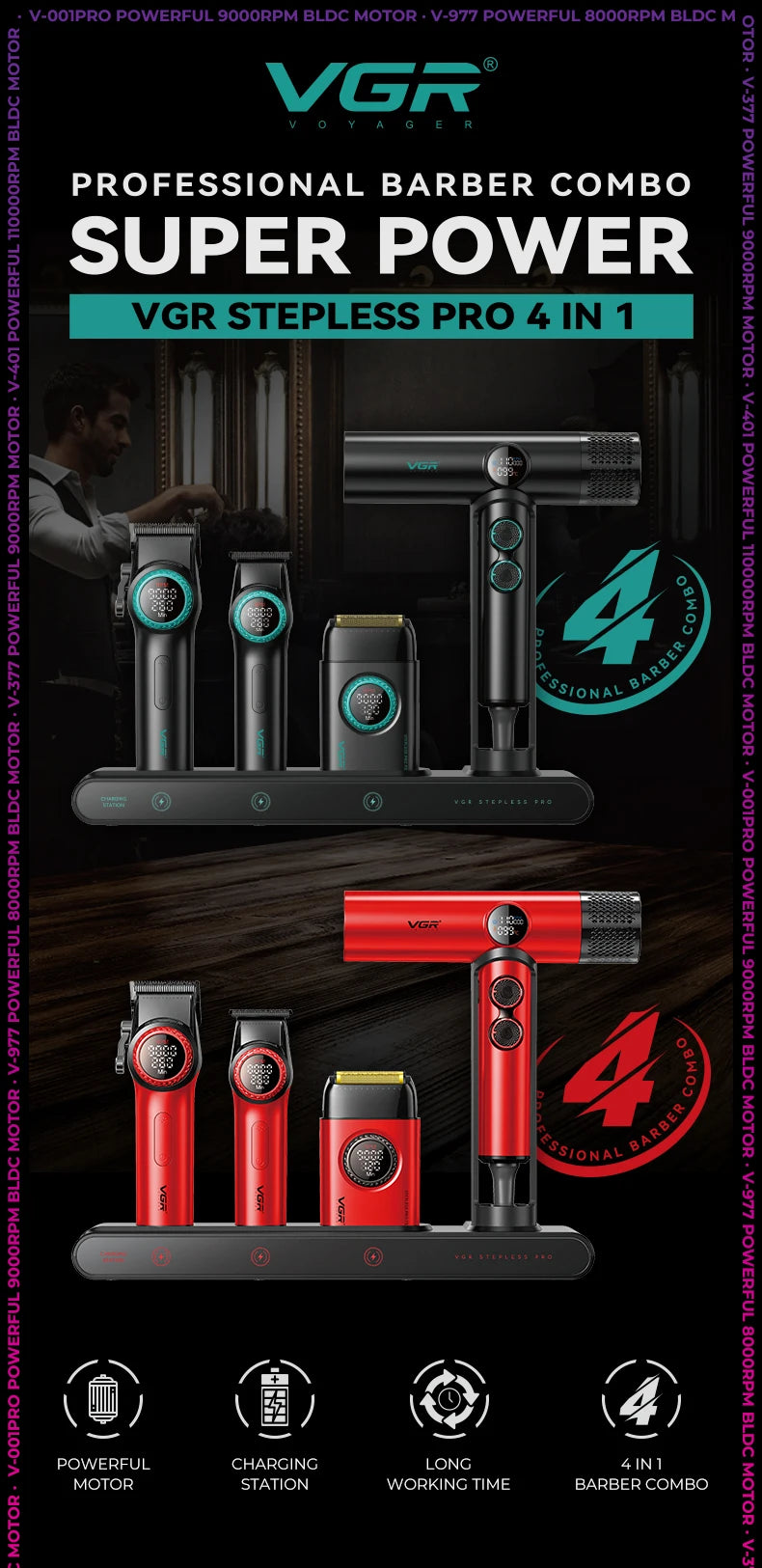 Tondeuse professionnelle VGR – Tondeuse électrique pour hommes 4-en-1, moteur BLDC 9000 RPM, rasoir et sèche-cheveux avec réglage progressif.