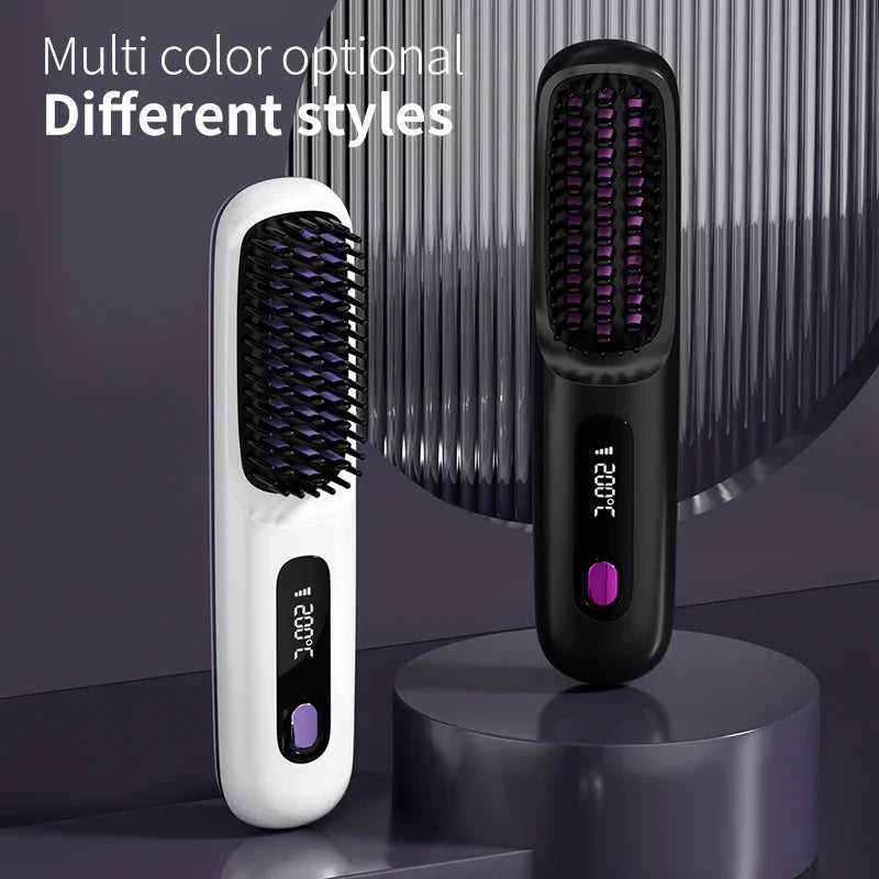 👉 brosse lissant électrique LCD USB, chauffant en céramique, sans fil et portable 💇‍♀️✨. Équipé d’ions négatifs, il offre un coiffage doux et brillant. Rechargeable, il se transforme en brosse lissante pratique et efficace où que vous soyez 🔋🌟.