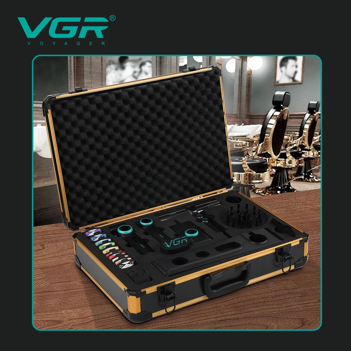Tondeuse professionnelle VGR – Tondeuse électrique pour hommes 4-en-1, moteur BLDC 9000 RPM, rasoir et sèche-cheveux avec réglage progressif.