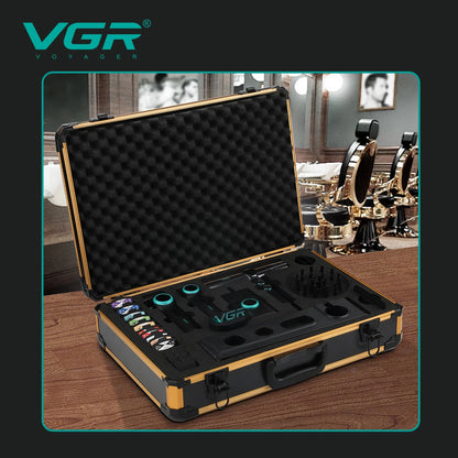 Tondeuse professionnelle VGR – Tondeuse électrique pour hommes 4-en-1, moteur BLDC 9000 RPM, rasoir et sèche-cheveux avec réglage progressif.