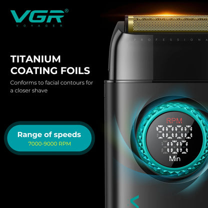 Tondeuse professionnelle VGR – Tondeuse électrique pour hommes 4-en-1, moteur BLDC 9000 RPM, rasoir et sèche-cheveux avec réglage progressif.