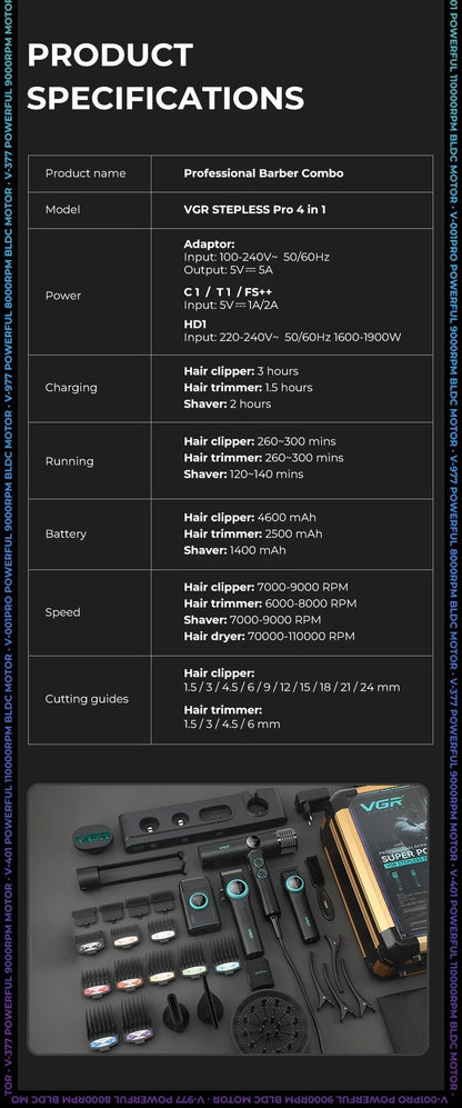 Tondeuse professionnelle VGR – Tondeuse électrique pour hommes 4-en-1, moteur BLDC 9000 RPM, rasoir et sèche-cheveux avec réglage progressif.