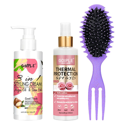 Spray Thermoprotecteur & Crème Coiffante — Protection Chaleur et UV, Soin Styling pour Cheveux Lisses et Bouclés