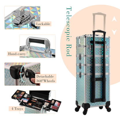 Valise maquillage 4-en-1 détachable en alliage, mallette professionnelle sur roulettes avec verrou, idéale pour le maquillage, la manucure et le rangement en grand volume.