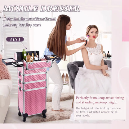 Valise maquillage 4-en-1 détachable en alliage, mallette professionnelle sur roulettes avec verrou, idéale pour le maquillage, la manucure et le rangement en grand volume.