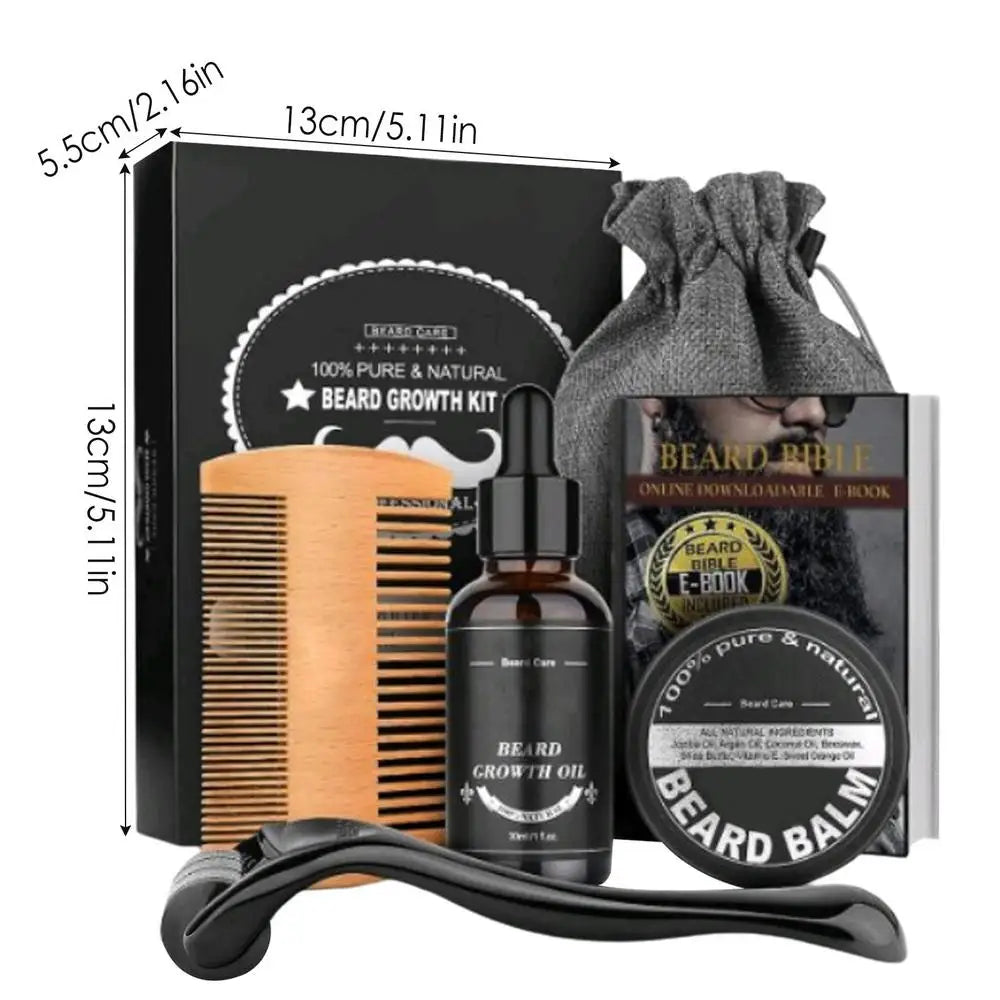 Coffret de soins pour barbe – 5 pièces : huile de croissance, peigne, sac de rangement et soins pour barbe et moustache plus épaisses.