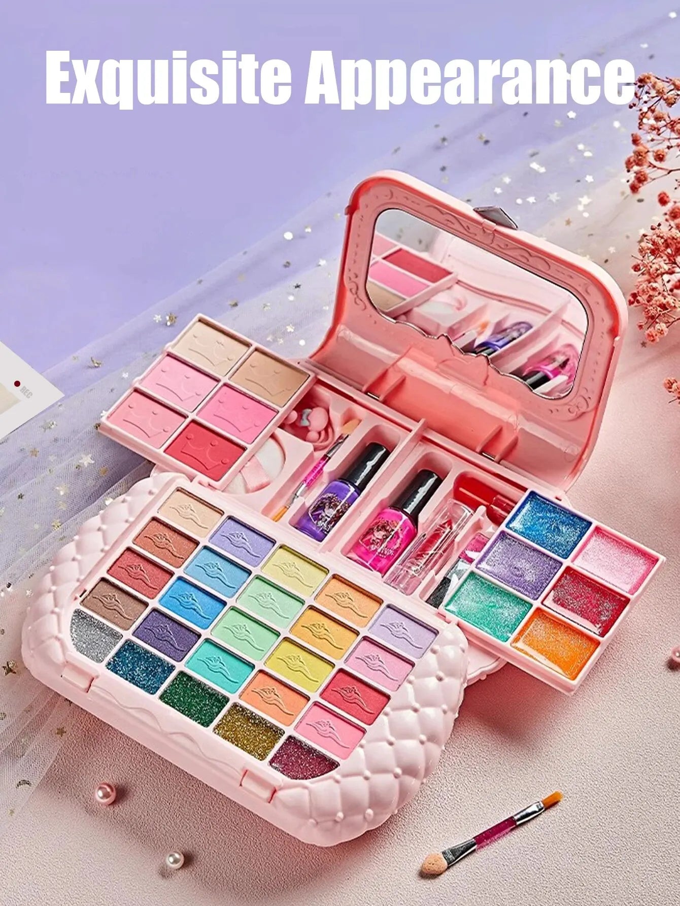 Kit de maquillage pour enfants – Petite trousse beauté avec accessoires lavables, jeu d’imitation non toxique et sûr, idéal comme cadeau d’anniversaire pour petite fille.