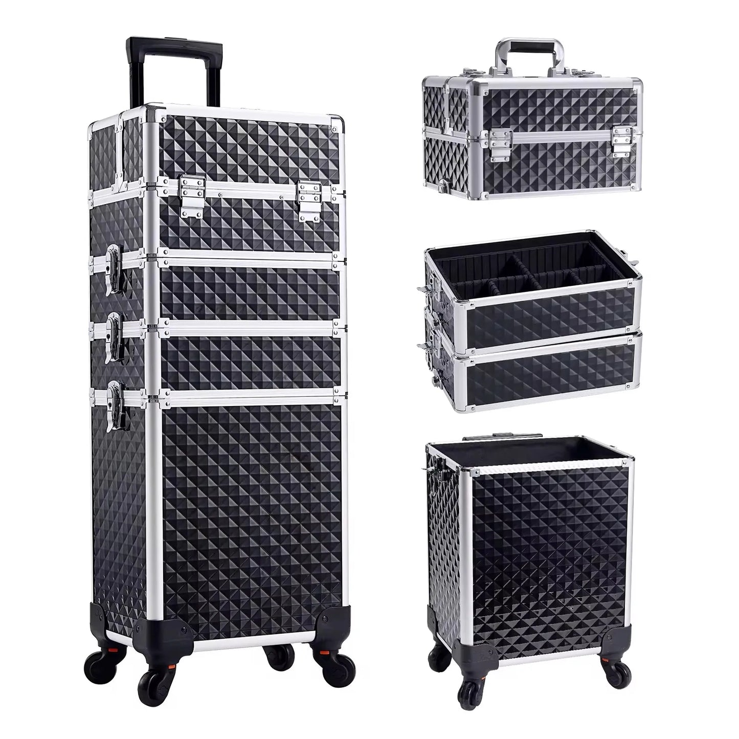 Valise maquillage 4-en-1 détachable en alliage, mallette professionnelle sur roulettes avec verrou, idéale pour le maquillage, la manucure et le rangement en grand volume.