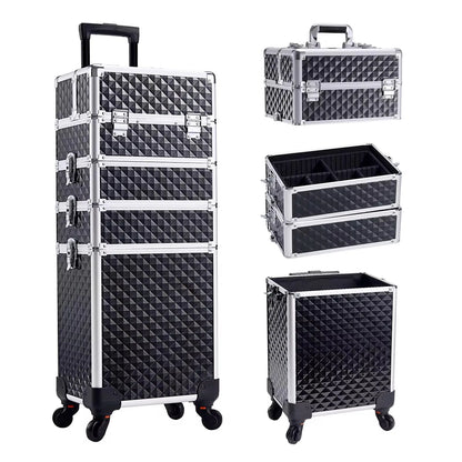 Valise maquillage 4-en-1 détachable en alliage, mallette professionnelle sur roulettes avec verrou, idéale pour le maquillage, la manucure et le rangement en grand volume.