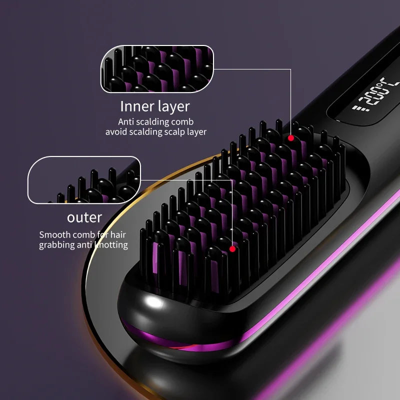 👉 brosse lissant électrique LCD USB, chauffant en céramique, sans fil et portable 💇‍♀️✨. Équipé d’ions négatifs, il offre un coiffage doux et brillant. Rechargeable, il se transforme en brosse lissante pratique et efficace où que vous soyez 🔋🌟.