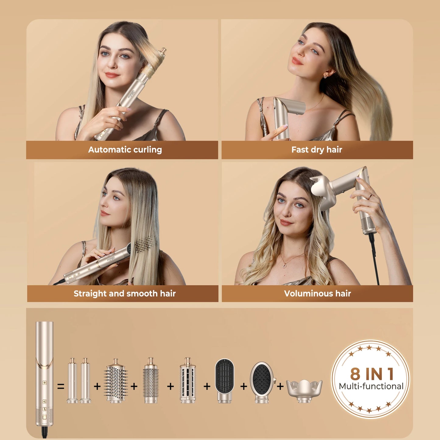 Sèche-cheveux 8-en-1 : coffret complet styler professionnel avec moteur brushless 110000 rpm et accessoires peigne.