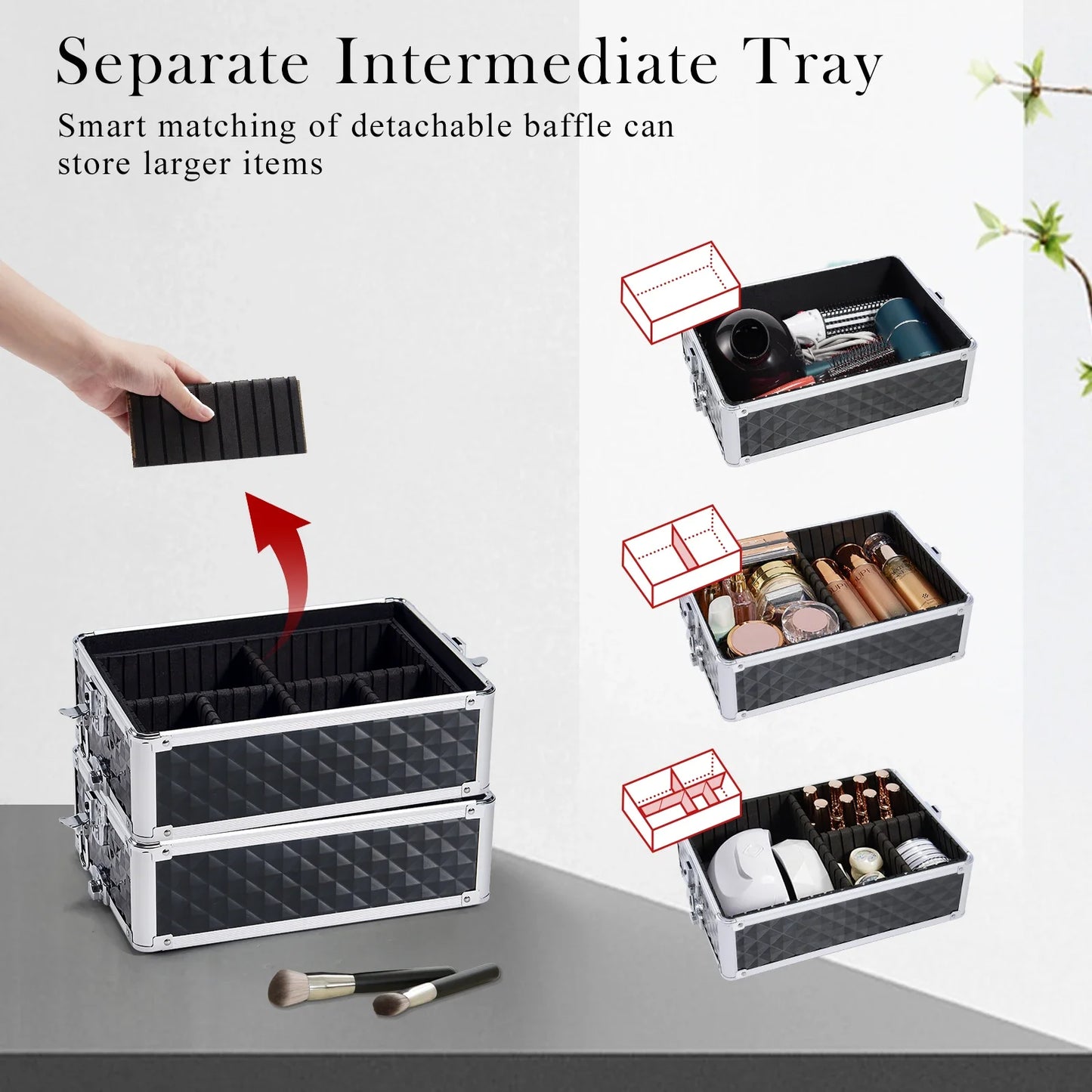 Valise maquillage 4-en-1 détachable en alliage, mallette professionnelle sur roulettes avec verrou, idéale pour le maquillage, la manucure et le rangement en grand volume.