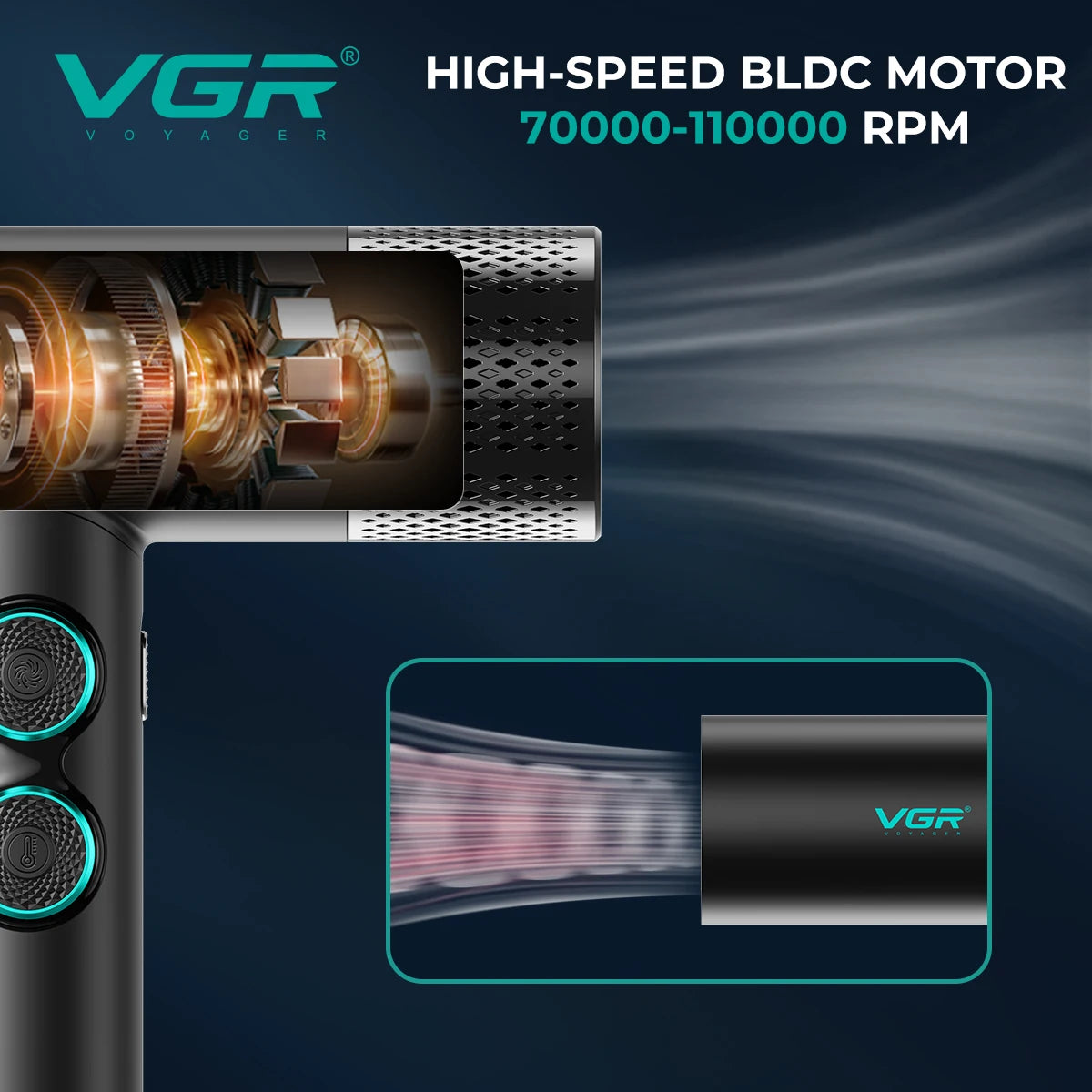 Tondeuse professionnelle VGR – Tondeuse électrique pour hommes 4-en-1, moteur BLDC 9000 RPM, rasoir et sèche-cheveux avec réglage progressif.