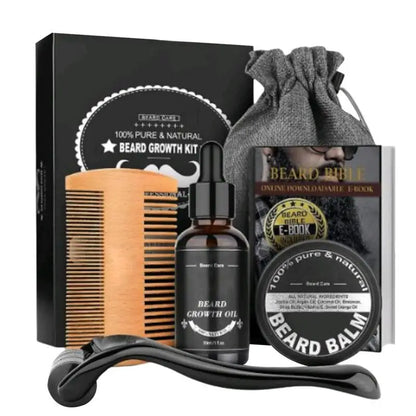 Coffret de soins pour barbe – 5 pièces : huile de croissance, peigne, sac de rangement et soins pour barbe et moustache plus épaisses.