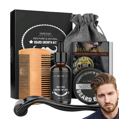 Coffret de soins pour barbe – 5 pièces : huile de croissance, peigne, sac de rangement et soins pour barbe et moustache plus épaisses.