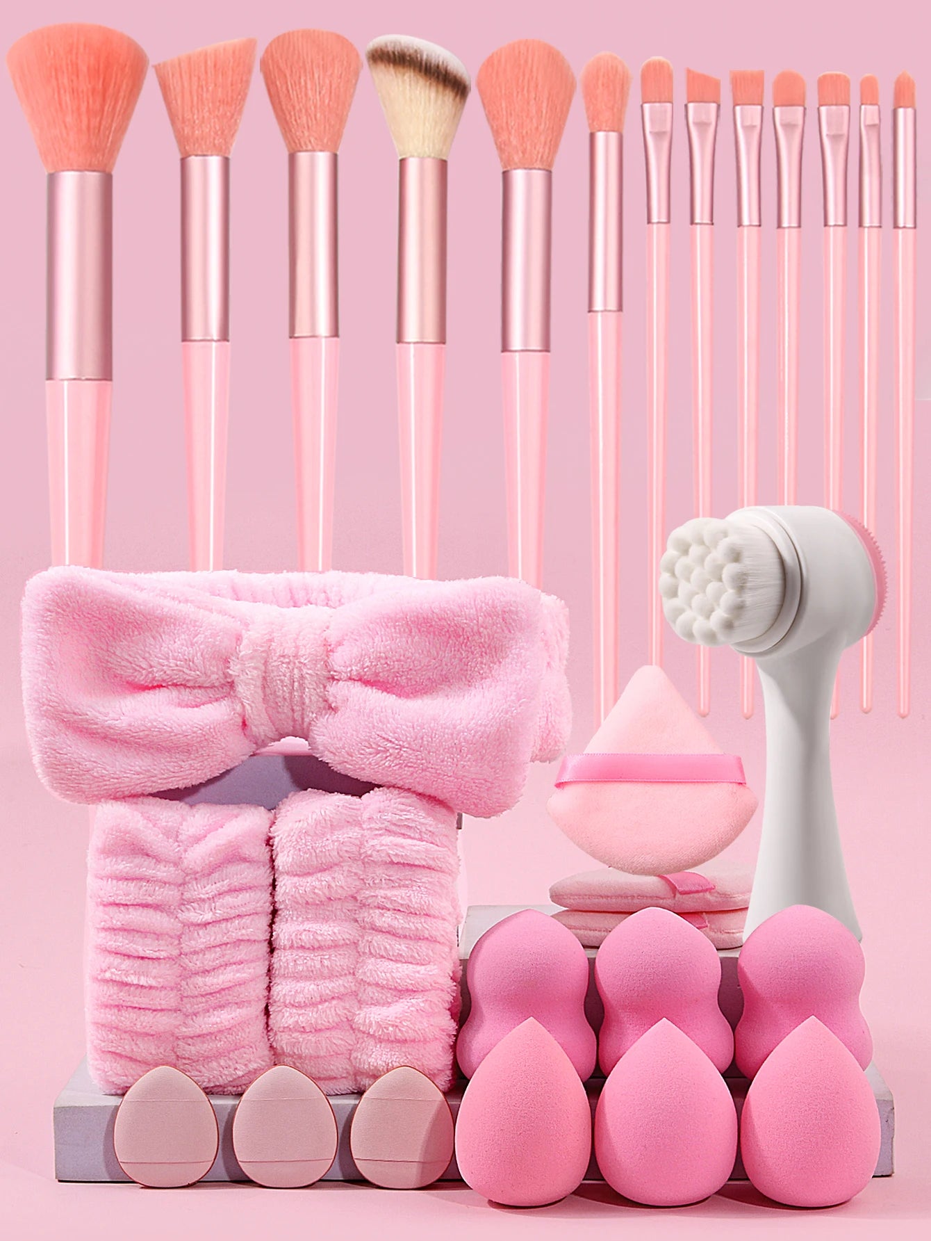 Kit complet beauté 29 pièces ✨ Inclut 13 pinceaux maquillage, 12 éponges, une brosse nettoyante visage, un serre-tête et des poignets anti-gouttes 💖💄🧽🧖‍♀️