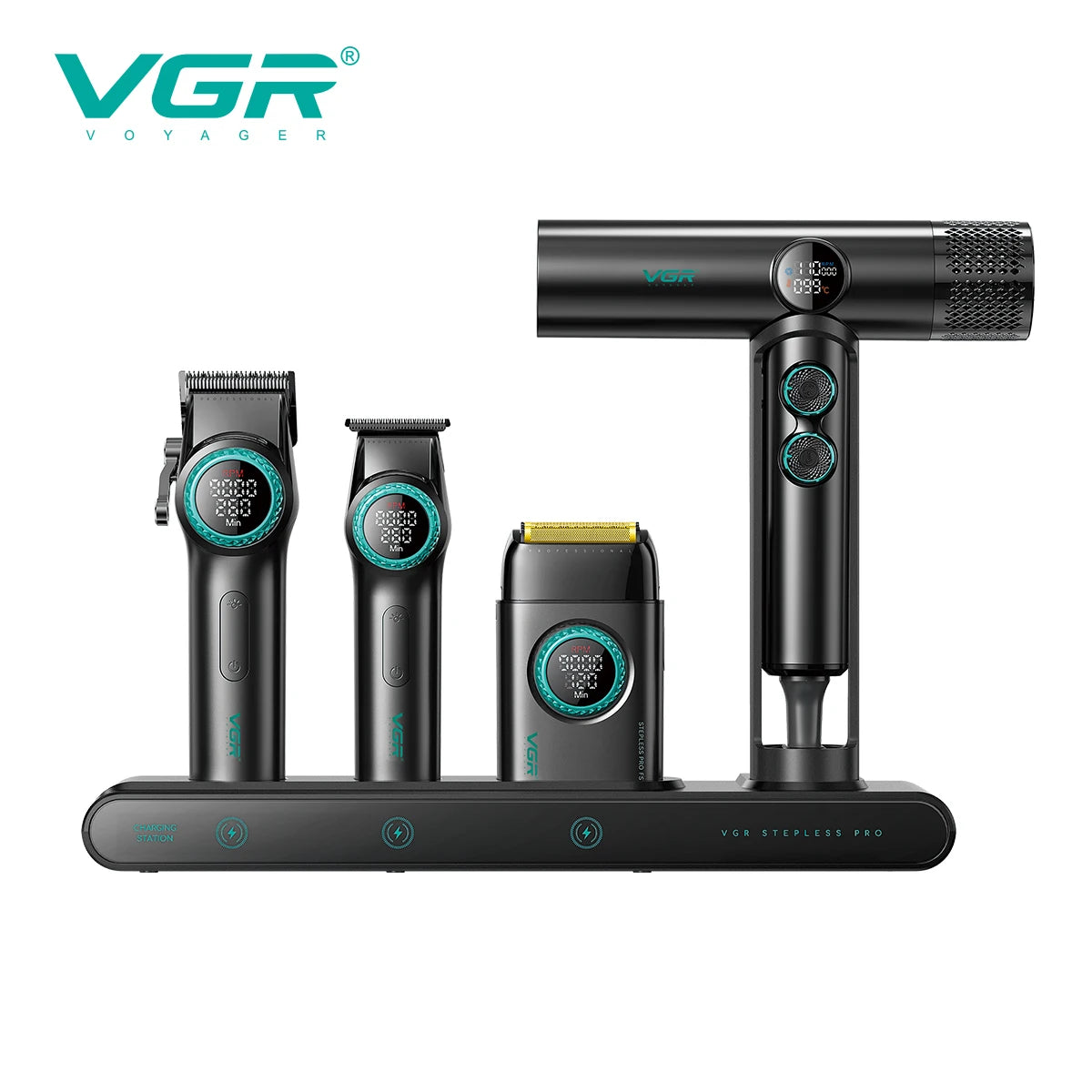 Tondeuse professionnelle VGR – Tondeuse électrique pour hommes 4-en-1, moteur BLDC 9000 RPM, rasoir et sèche-cheveux avec réglage progressif.